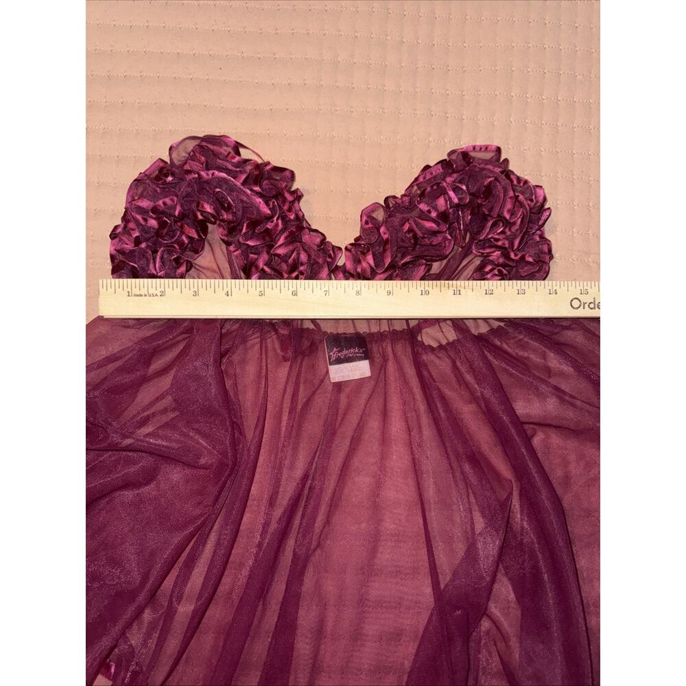 Frederick's Of Hollywood VTG Sheer Chiffon Lace Babydoll 80s Maroon Sz S Ribbon - Picture 9 of 9